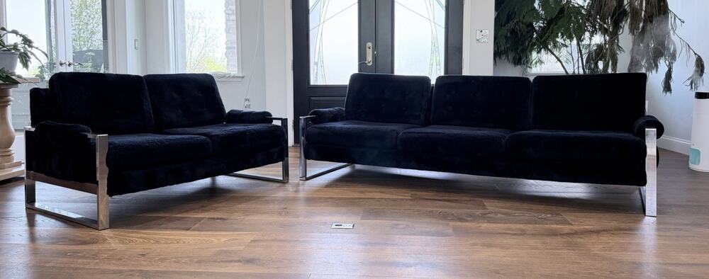Vintage Chrome And Black Shag Upholstered Sofa And Loveseat Milo Baughman Style